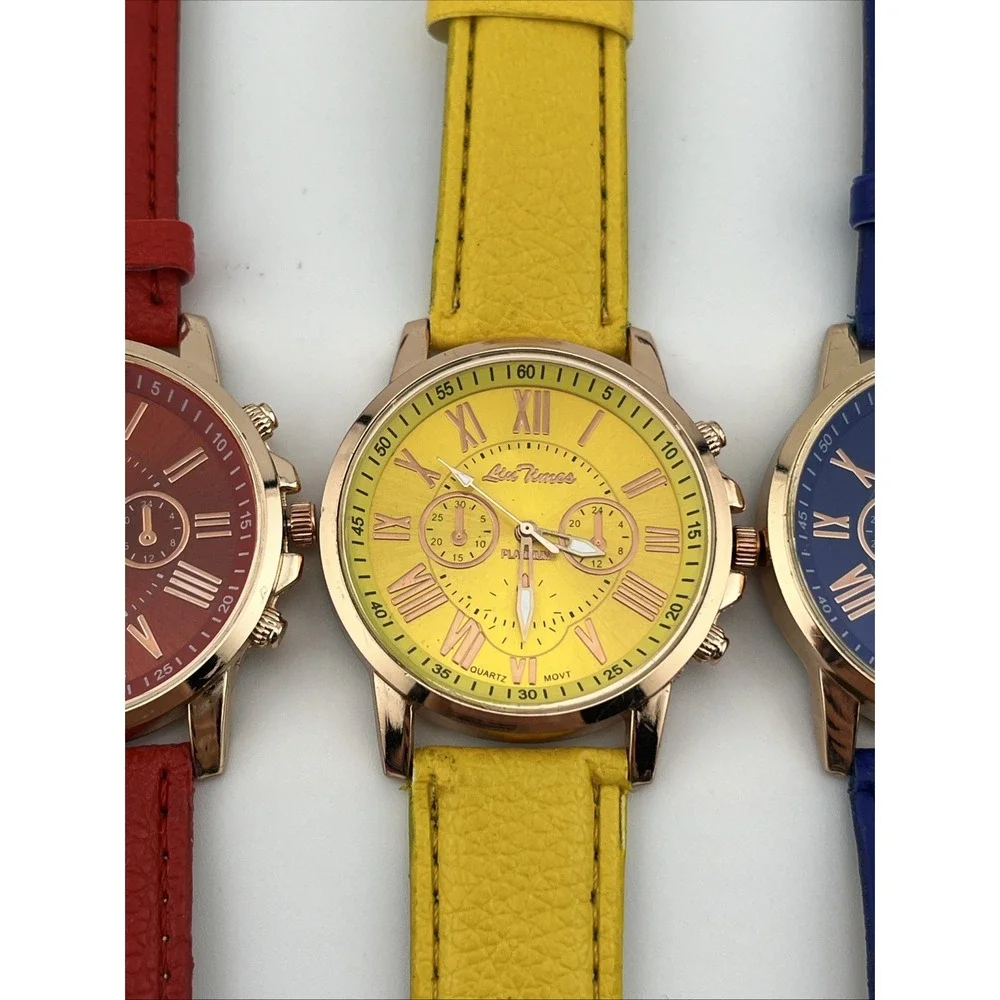 Liu Times Set of 3 Watches Red, Blue & Yellow Rose Gold Cases- New‎ Batteries